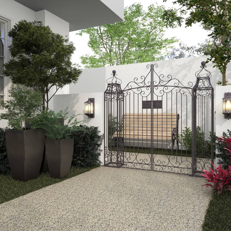 Dark Brown Metal Indoor Outdoor Scrollwork Arched Gate Garden Arbor with Pillars and Latch Lock Closure