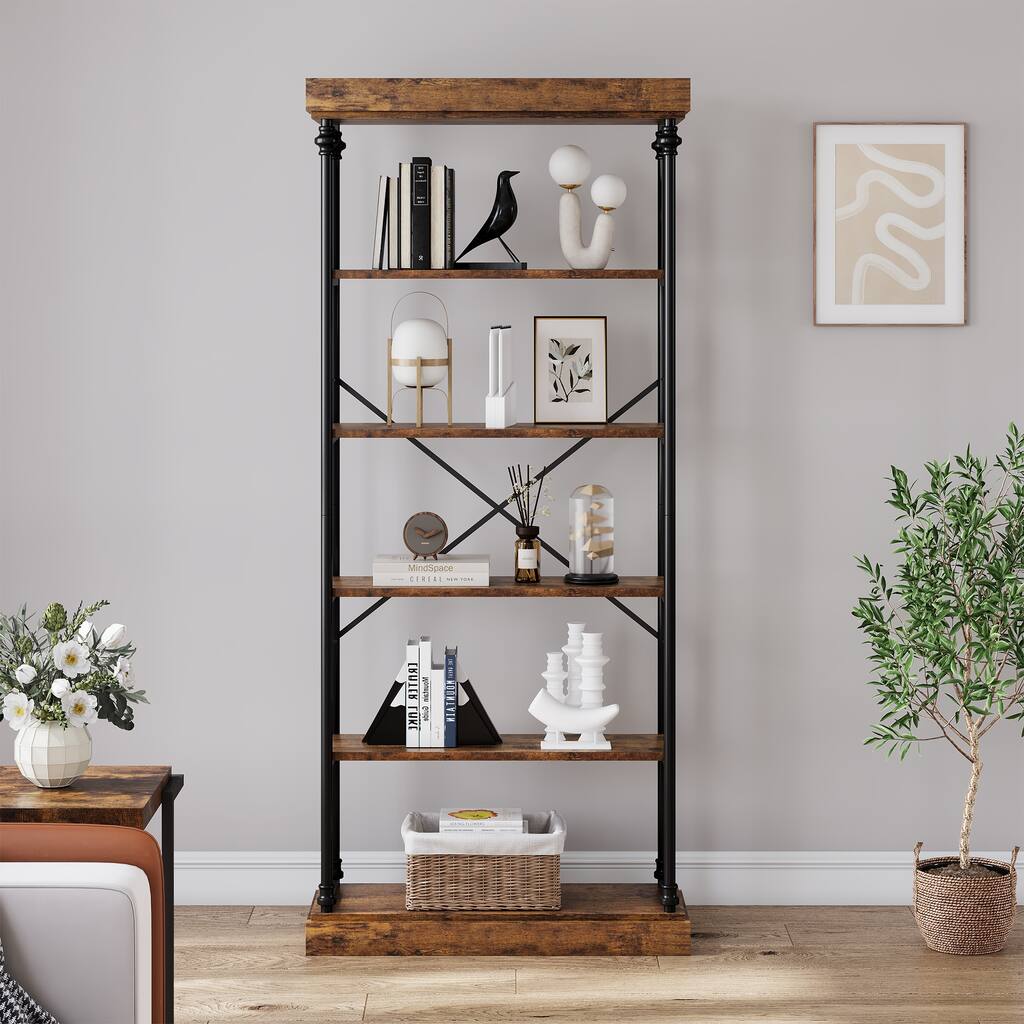 Bookshelf Industrial Bookcase 6 Tier Wood Storage