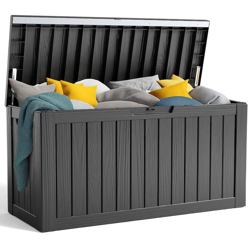 80gallon outdoor resin deck box weatherproofwith hydraulic rod, bench - Black