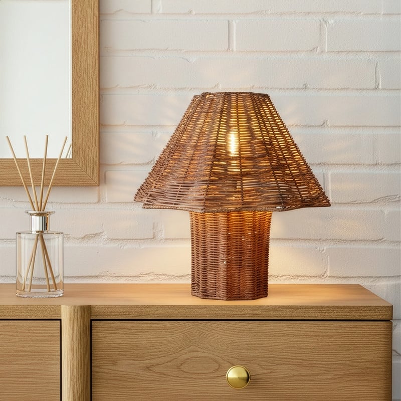 Brightech Leon 13 in. Woven Beige Rattan Mid-Century Coastal LED Bedside Nightstand Desk Lamp with Matching Woven Empire Shade