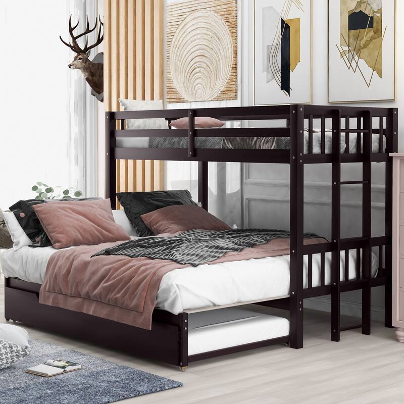 Space-Saving Twin to Double Convertible Bunk Bed with Trundle in Espresso Finish - Espresso
