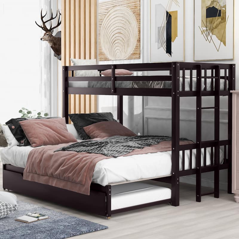 Twin over Pull-out Low Wood Bunk Bed Frame with High Guardrail and Wood Slats, Floor Bed Bottom Trundle, No Boxspring Required