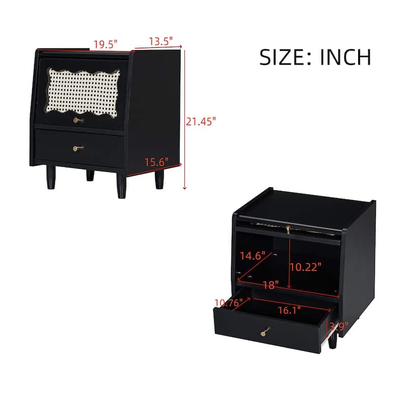 Wooden Nightstand with Flip-Top Cabinet and 1 Drawer, Bedside Tables with Rattan-Woven Storage Cabinet, for Bedroom