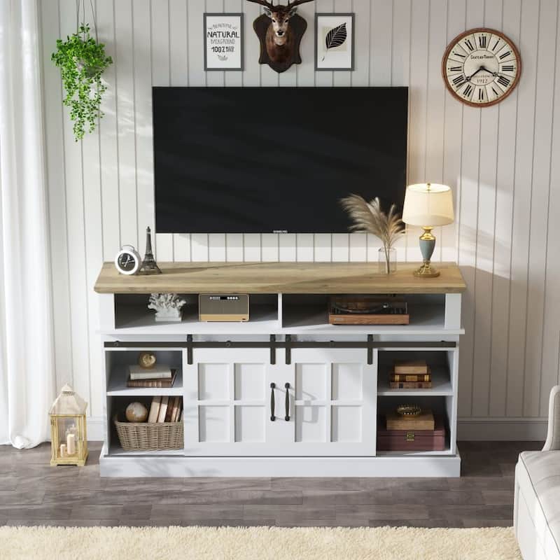 58 Inch TV Stand with Storage Cabinet and Shelves, TV Console Table Entertainment Center - White