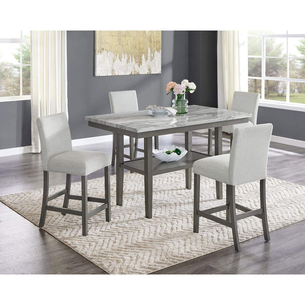 Selena 5-Piece 60" Rectangular Gray Faux Marble Counter Height Dining Set with Storage Shelf & Light Gray Upholstered Chairs