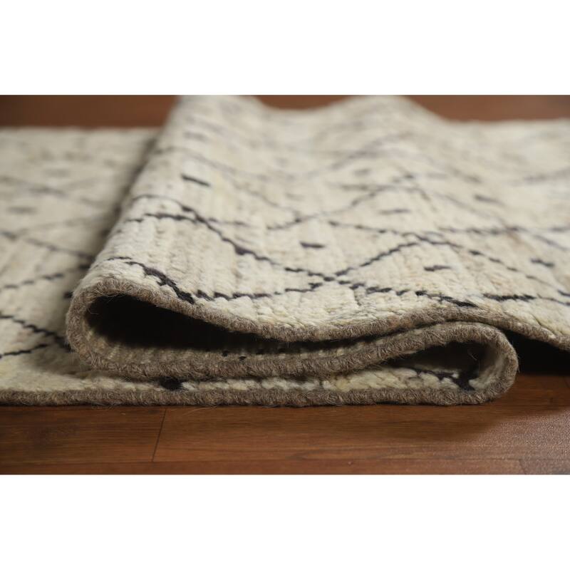 Trellis Beige Moroccan Oriental Runner Rug Hand-Knotted Wool Carpet - 3'6" x 12'10"