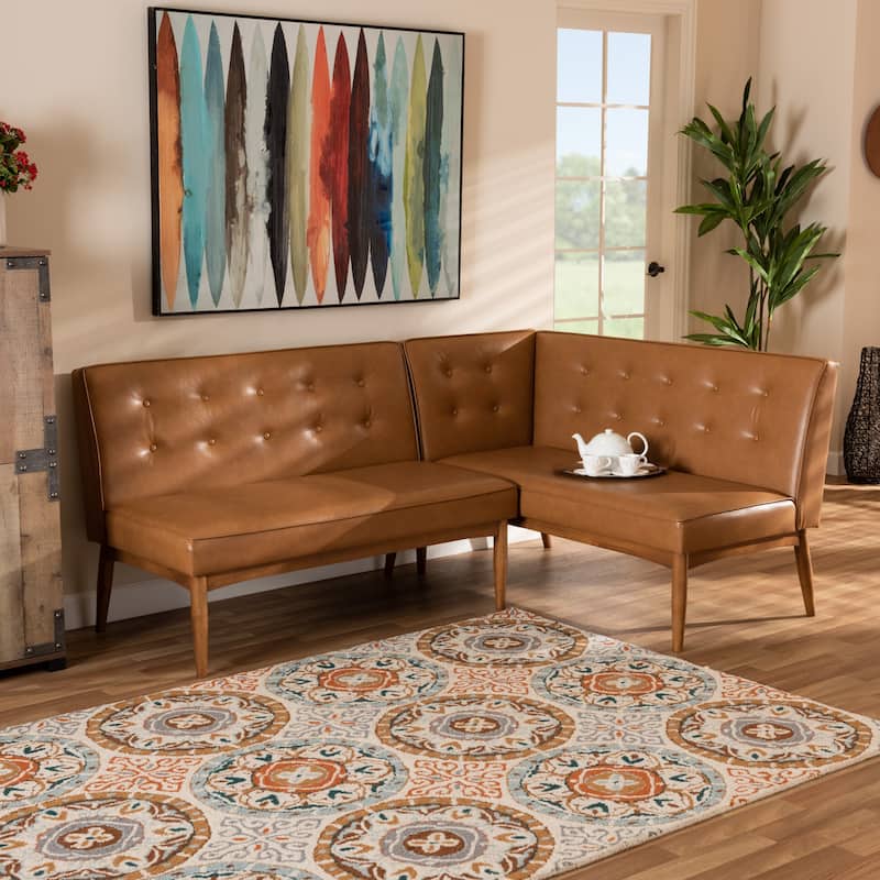Arvid Tan Faux Leather and Walnut Wood 2-PC Dining Nook Banquette Set