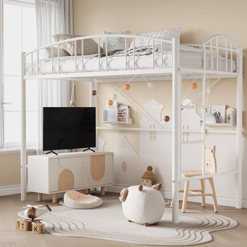 Space-Saving Twin Metal Loft Bed Frame, Safety Ladder, No Box Spring Needed