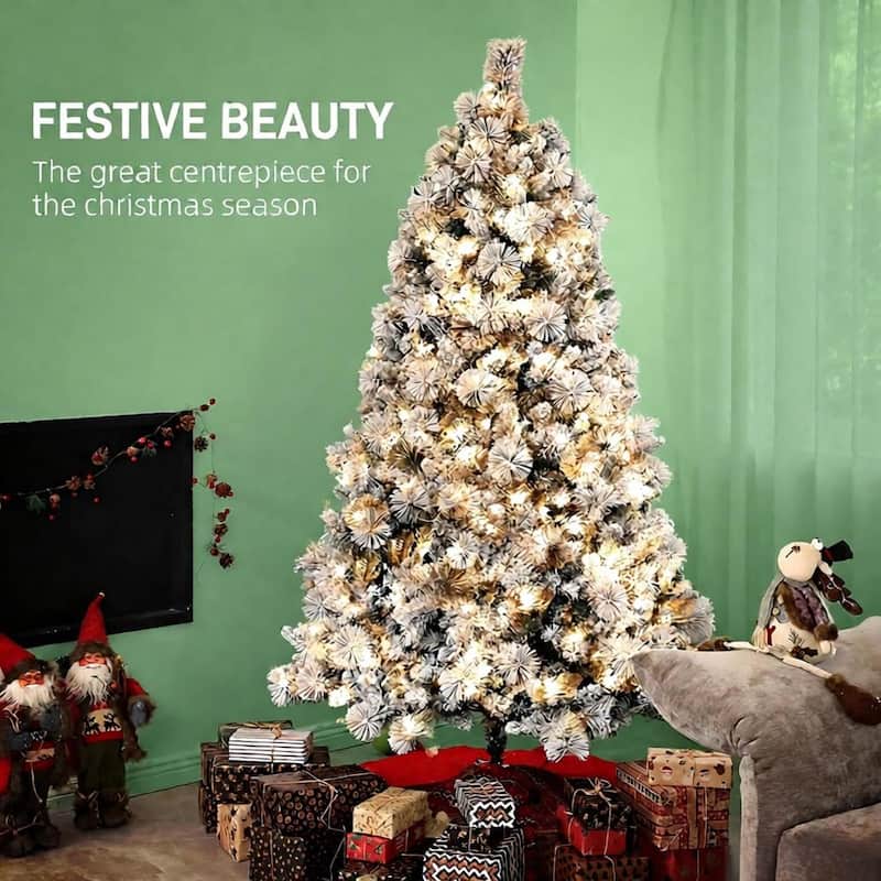 Christmas Tree,Flocked Artificial Christmas Tree with Clear Lights,Tips, Metal Stand for Holiday - Green