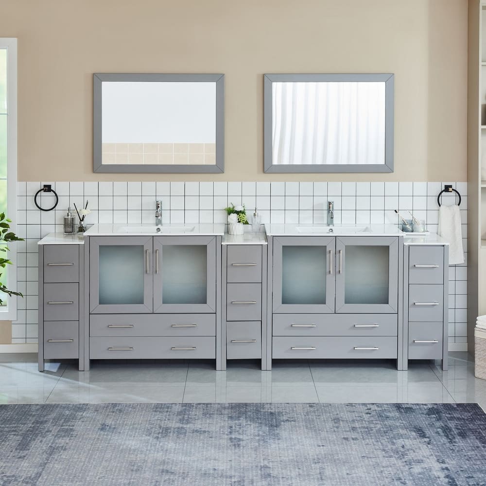 Vanity Art 108" Double Sink Bathroom Vanity Set 13 Dove-Tailed Drawers 3 Cabinets 2 Shelves Soft-Closing Doors with Free Mirror