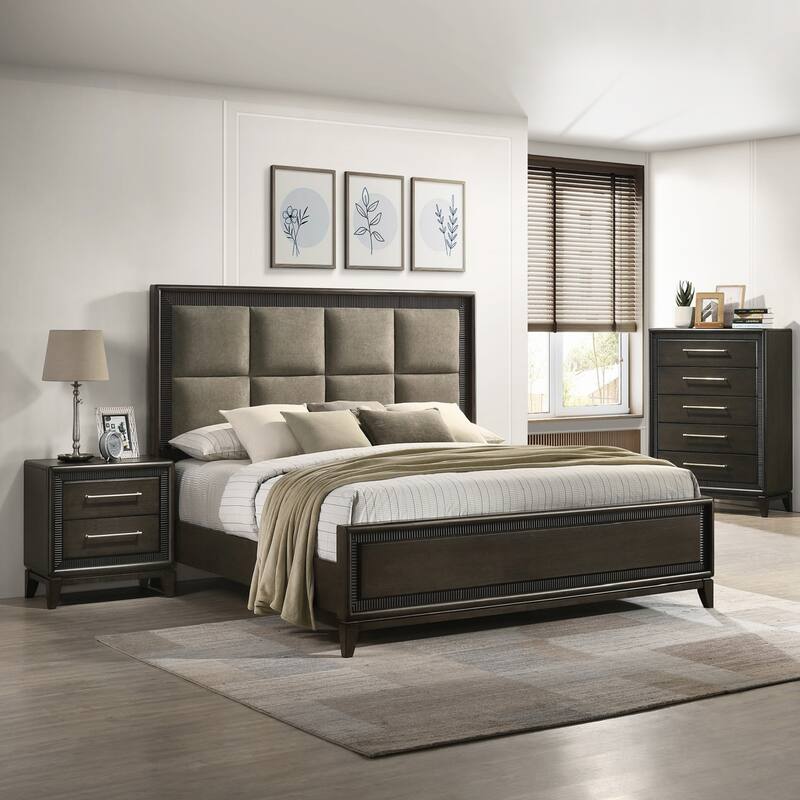 1pc Dark Brown Finish Two Drawers Nightstand Bar Handles