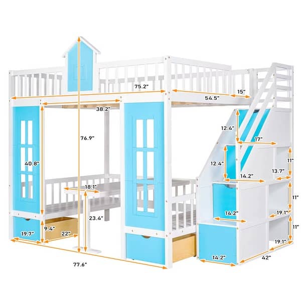dimension image slide 1 of 4, Full-Over-Full Bunk Bed with Changeable Table , Bunk Bed Turn into Upper Bed and Down Desk