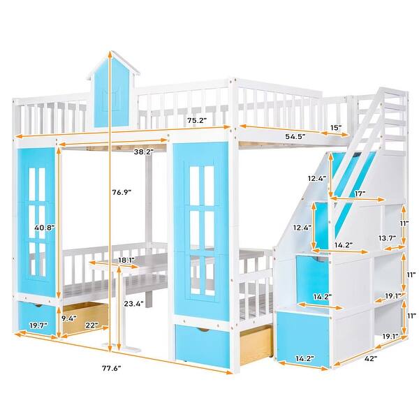 dimension image slide 5 of 7, Modern Style Wooden Bunk Bed with Changeable Table, Upper Bed and Down Desk