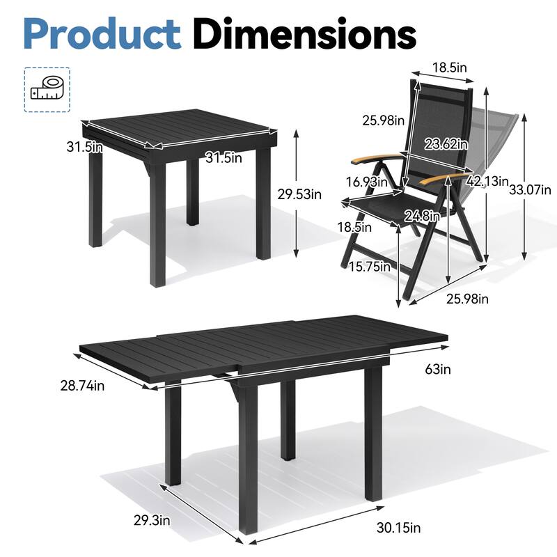 VredHom 5PC Outdoor Patio Aluminum Expandable Rectangle Dining Set Table with Folding Chairs