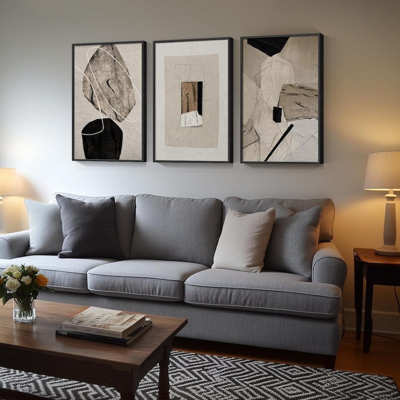 Framed Neutral Abstract Wall Art,Minimalist Black and Beige Pictures