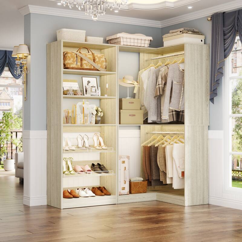 Cimly Set of 2 Corner Closet System with Shoe Organizer, Freestanding Closet Organizer with Hanging Rods and Tower Shelves