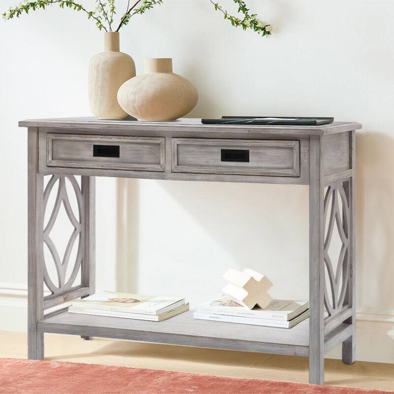 Grey Washed Wood 2-Drawer 1-Shelf Console and Entry Table - 32.7" H x 47.2" W x 13.8" D