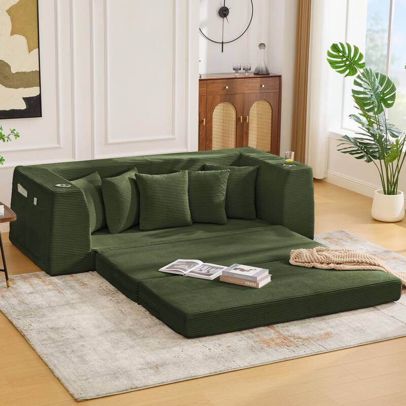 2 in 1 Convertible Sofa Bed, Sleeper Sofa with Storage Pockets, Pull Out Loveseat Couch with Two Cup Holders