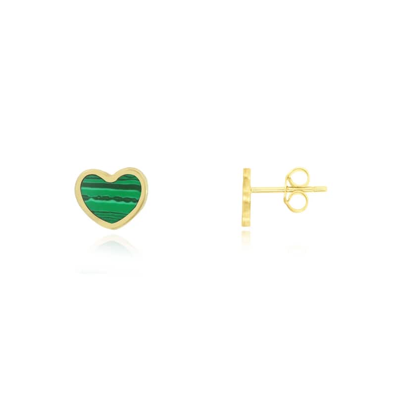 Curata Italian Solid 14k Yellow Gold 7mm Inlaid Genuine Gemstone Stud Earrings - Green Malachite