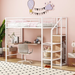 Twin Size Metal Loft Bed with Integrated Desk, Lateral Storage Ladder, and Wardrobe for Space-Saving and Stylish Living