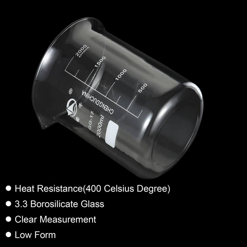 2000ml Low Form Glass Beaker, 3.3 Borosilicate Lab Measuring Cups - Clear