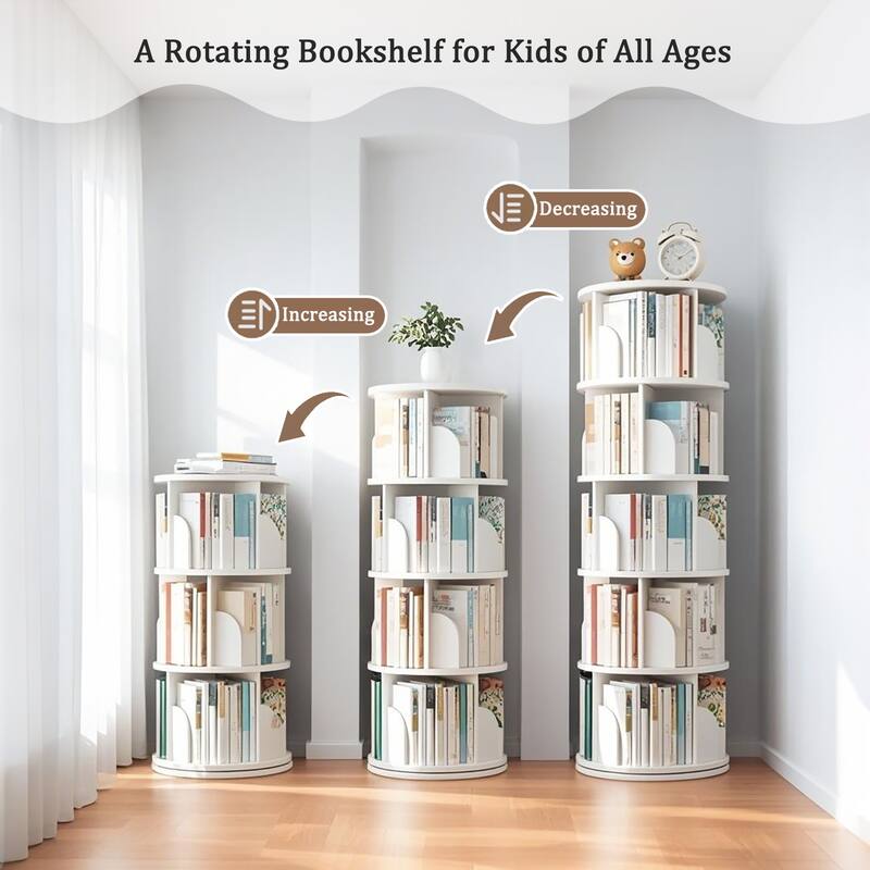 5 Tier Rotating Bookshelf, 360° Display Round Spinning Bookshelf, Space-Saving - White