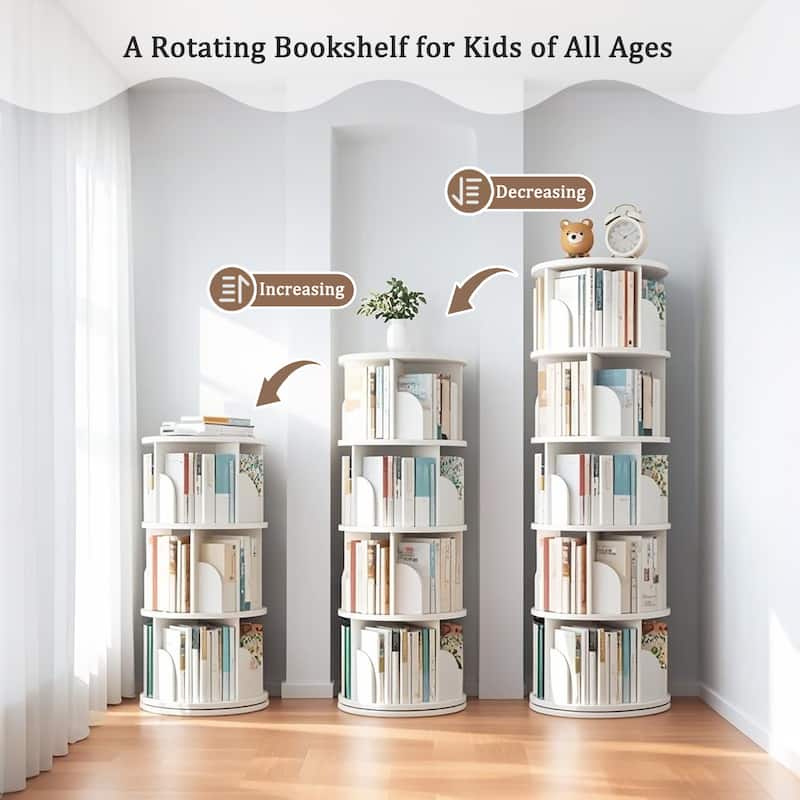 GDF Studio -Purling Modern 5-Tier Wood Rotating Bookshelf with 360-Degree Space-Saving Design