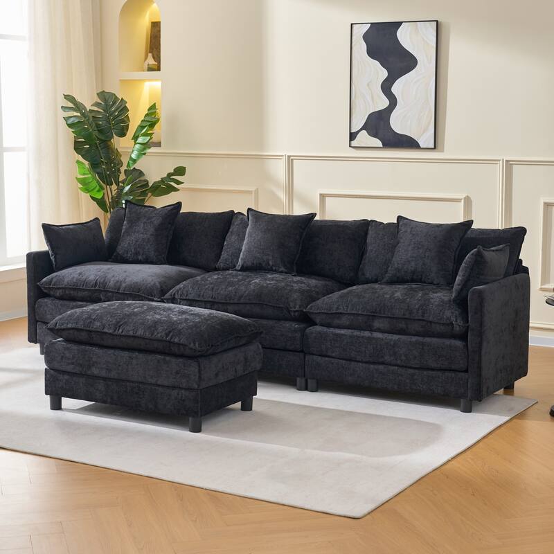 L Shaped Modular Sectional Sofa with Movable Ottoman, Chenille Upholstered Cloud Couch, Deep Seat Sofa with Pillow