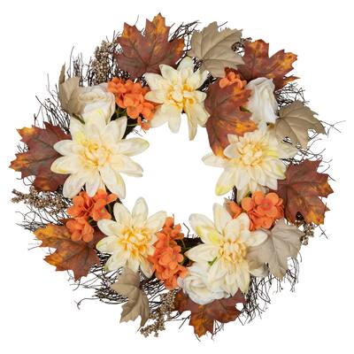 Floral Twig and Leaves Fall Harvest Artificial Wreath - 22" - Orange and Cream