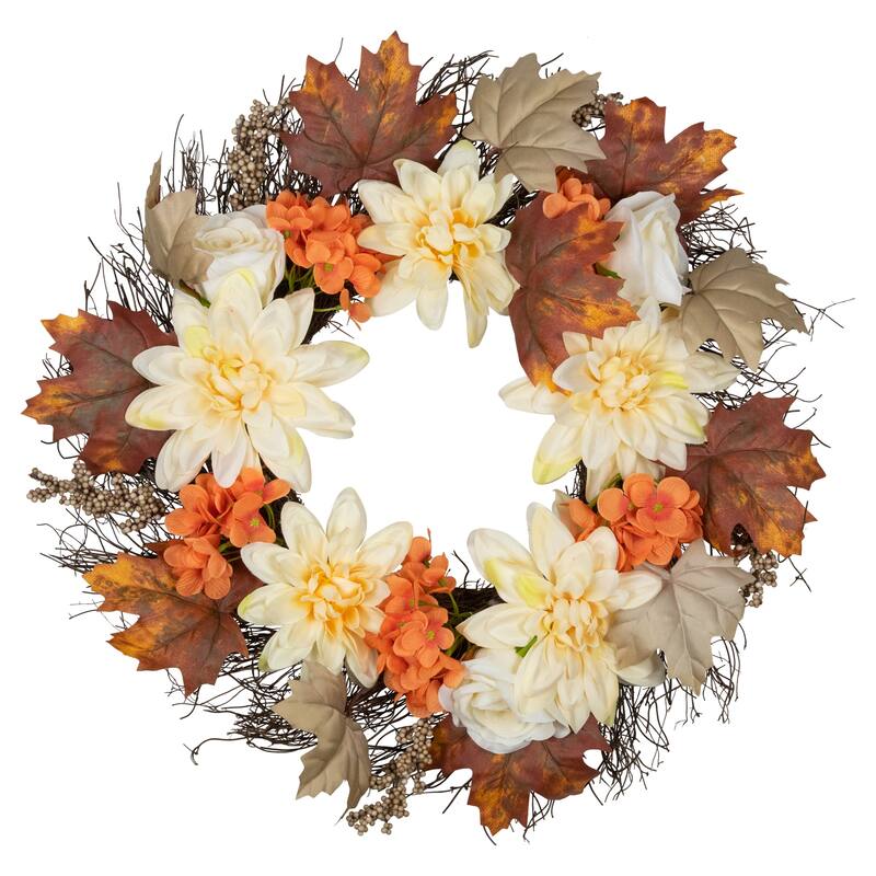 Floral, Twig and Leaves Fall Harvest Artificial Wreath - 22" - Orange and Cream