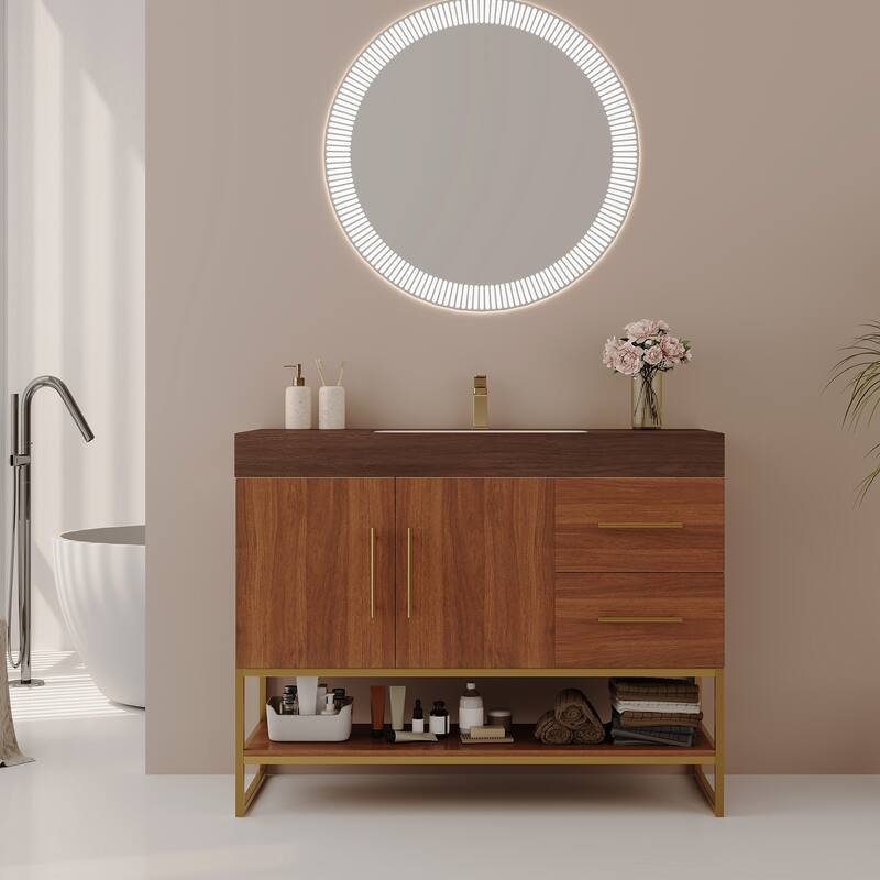 GDFStudio - Luxury 36" Freestanding Sintered Stone Bathroom Vanity with Seamless Ceramic Sink, Open Storage & Soft-Close Drawers