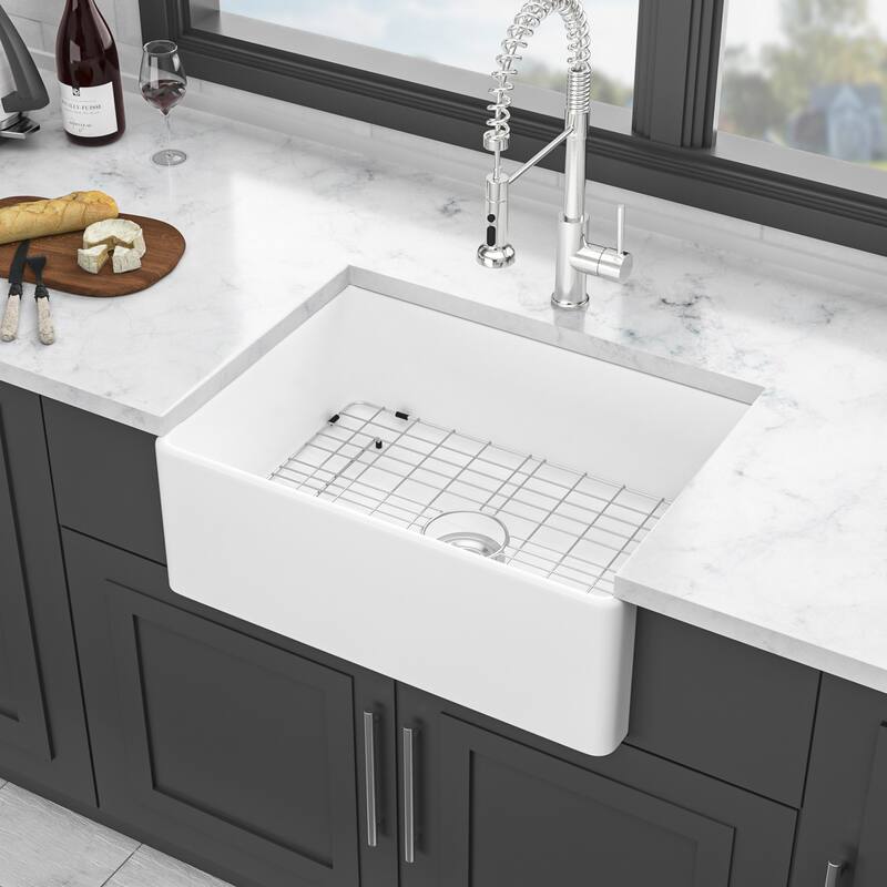 28 Inch Kitchen Sink Ceramic Single Bowl with Drain Assembly and Bottom grid