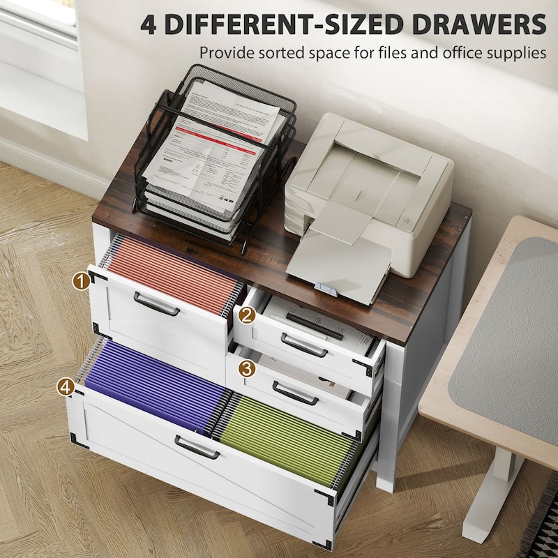 HOMCOM 4 Drawer File Cabinet, Farmhouse Lateral Filing Cabinet with Adjustable Hanging Rails for Letter/A4/Legal Size Files