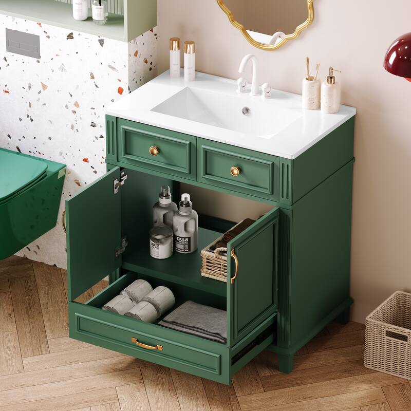 GDFStudio - Meriden Retro Bathroom Vanity with Ceramic Sink and Soft-Closing Storage Doors - 29.37'W
