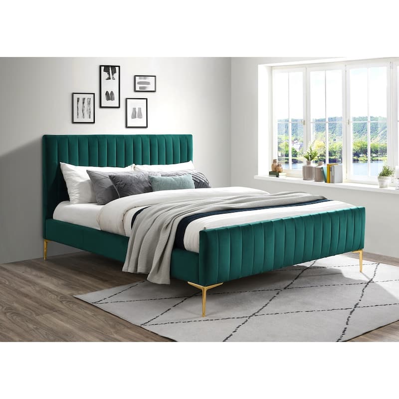 Omax Decor Julia Upholstered Platform Bed with Channel Tufted Headboard and Gold Legs