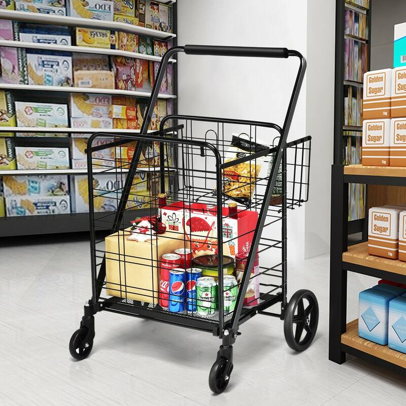 Multi-Purpose Foldable Grocery Cart with 360 Degree Front Wheels and Large Basket and Back Storage - 25" x 25" x 40"(L x W x H)