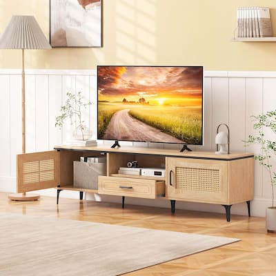TV Stand Entertainment Center Boho Rattan Media Console Cabinet
