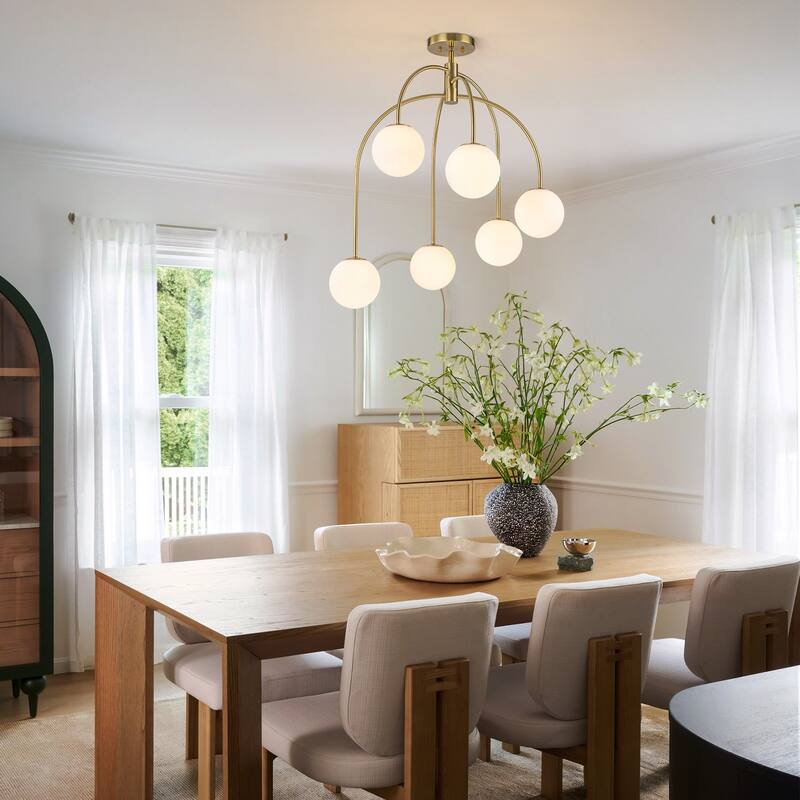 6-Light Brass Semi-Flush Mount Ceiling Light with Opal Glass Globe Shades - 27.2-in W x 32.3-in H