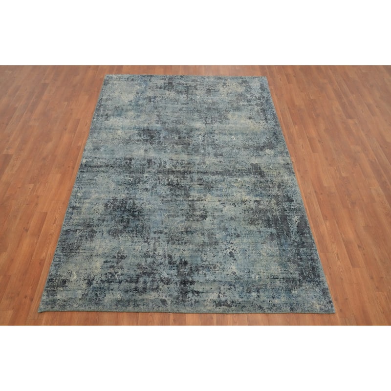 Hand Knotted Oriental Viscose Silk Carpet Modern Abstract Navy Blue & Blues Abstract Area Rug - 7' 10'' X 5' 3''