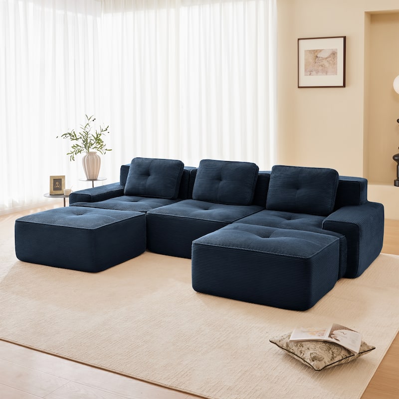 Roomfitters No Assembly Modular Sofa, 117 Inch Corduroy 3-Seater with Piping, Blue - Blue 117"  U-Shape