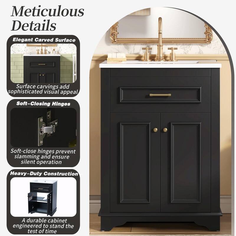 24" Bathroom Vanity with Integrated Ceramic Sink, Cabinet with 2 Doors and 1 Tip-Out Drawer, Single Sink Vanity