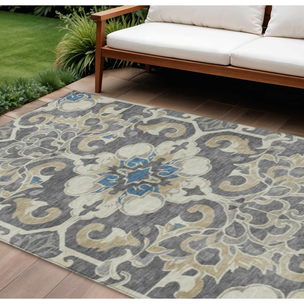 HomeRoots Damask Traditional Rectangle Outdoor Rug