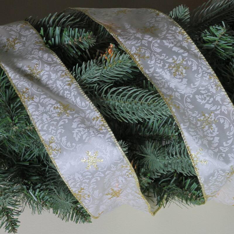 Gold and White Snowflake Printed Christmas Wired Craft Ribbon 2.5" x 10 Yards