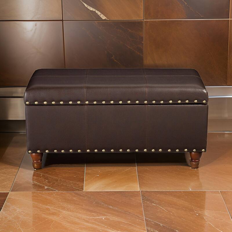 Leatherette Upholstered Wooden Storage Bench with Nail Head Trim Accent, Espresso Brown
