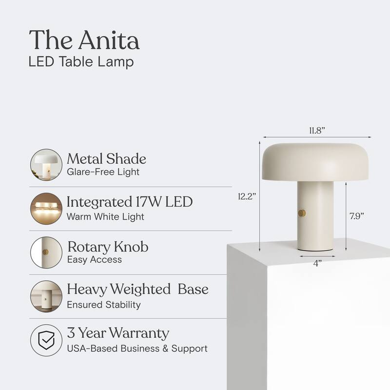 Anita LED 12.2 in Off-White Cream Modern Contemporary Round Dome Dimmable Bedside Nightstand Desk Lamp