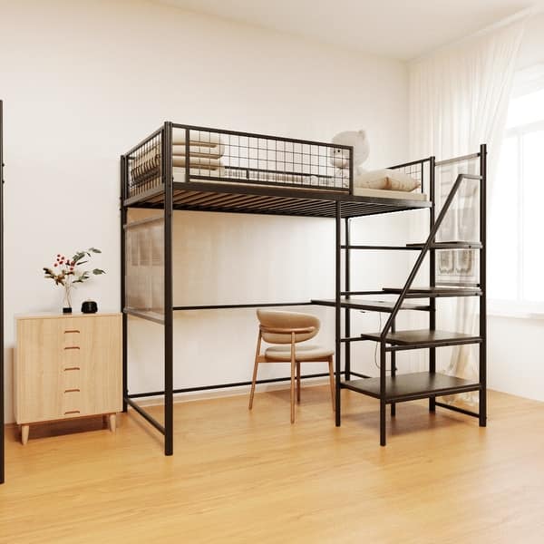 slide 2 of 17, Twin Size Loft Bed with Built-in Charging Station & LED Lighting, Heavy-Duty Metal Loft Bed Frame with Desk & Safety Guardrails Black - Twin