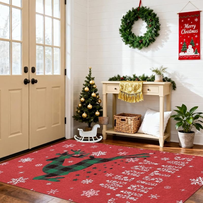 Christmas Rug with Snow Reindeer Area Rugs for Living Room, Low Pile Washable - 6*9ft