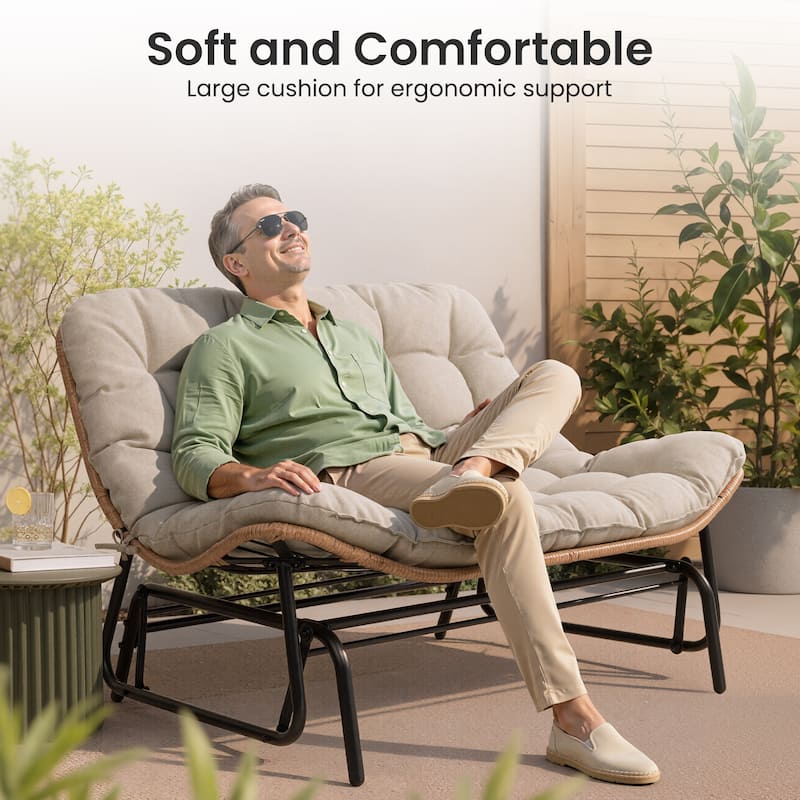 Oversized 2-Person Outdoor Glider Rocking Chair Bench Double Papasan Chair Loveseat with Cushion