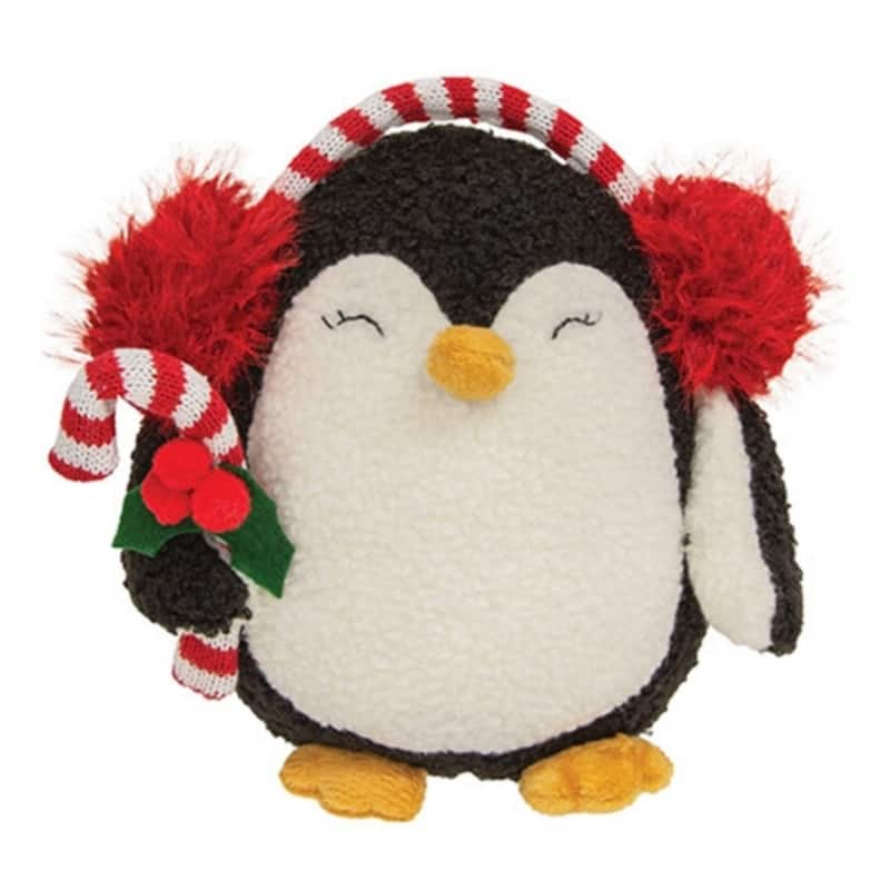Plush Penguin with Candy Cane Christmas Holiday Decoration - 7” x 4.25” x 6.25” - Black-Red-White-Green-Yellow