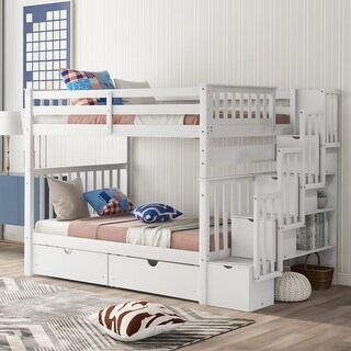 White Full Over Full Bunk Bed with Storage Shelves, 6 Drawers, and Safe Staircase Access